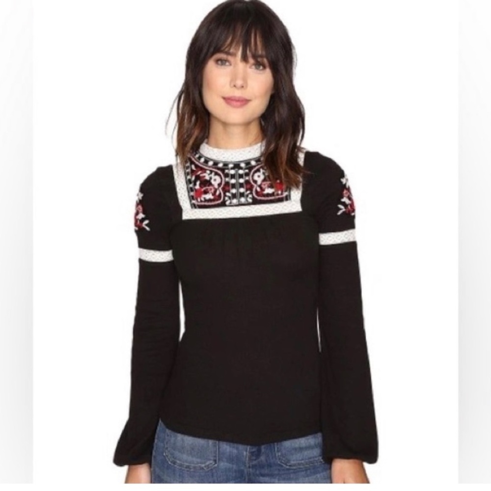 Free People Black Blouse with Red and White Embroidery